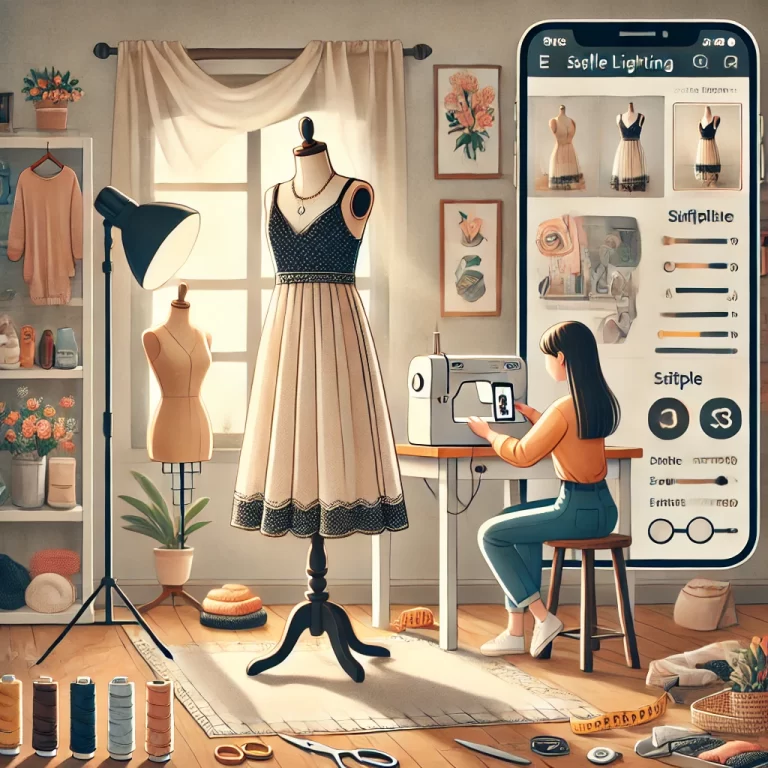 DALL·E 2024-10-14 23.12.31 - An instructional image showing a simple tutorial on photography and editing for seamstresses. The scene features a sewing studio with a dress form dis