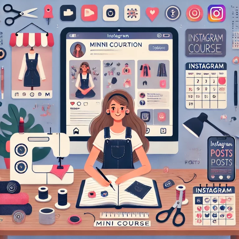 DALL·E 2024-10-14 23.13.12 - A visual representation of a mini course on content creation for beginner seamstresses on Instagram. The image features a seamstress sitting at a desk