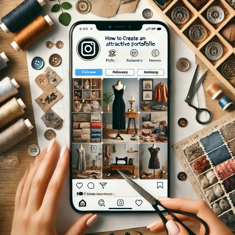 DALL·E 2024-10-14 23.14.19 - An instructional image showcasing a guide on 'How to Create an Attractive Portfolio on Instagram' for seamstresses. The scene displays a smartphone sc