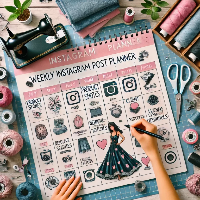 DALL·E 2024-10-14 23.14.56 - An instructional image illustrating a 'Weekly Instagram Post Planner' for seamstresses. The image shows a large calendar on a desk with different Inst