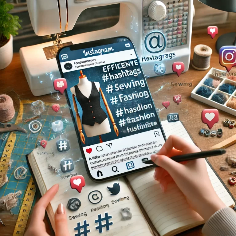 DALL·E 2024-10-14 23.15.25 - An instructional image representing a 'Guide to Efficient Hashtags for Seamstresses to Increase Visibility.' The image features a seamstress using a s